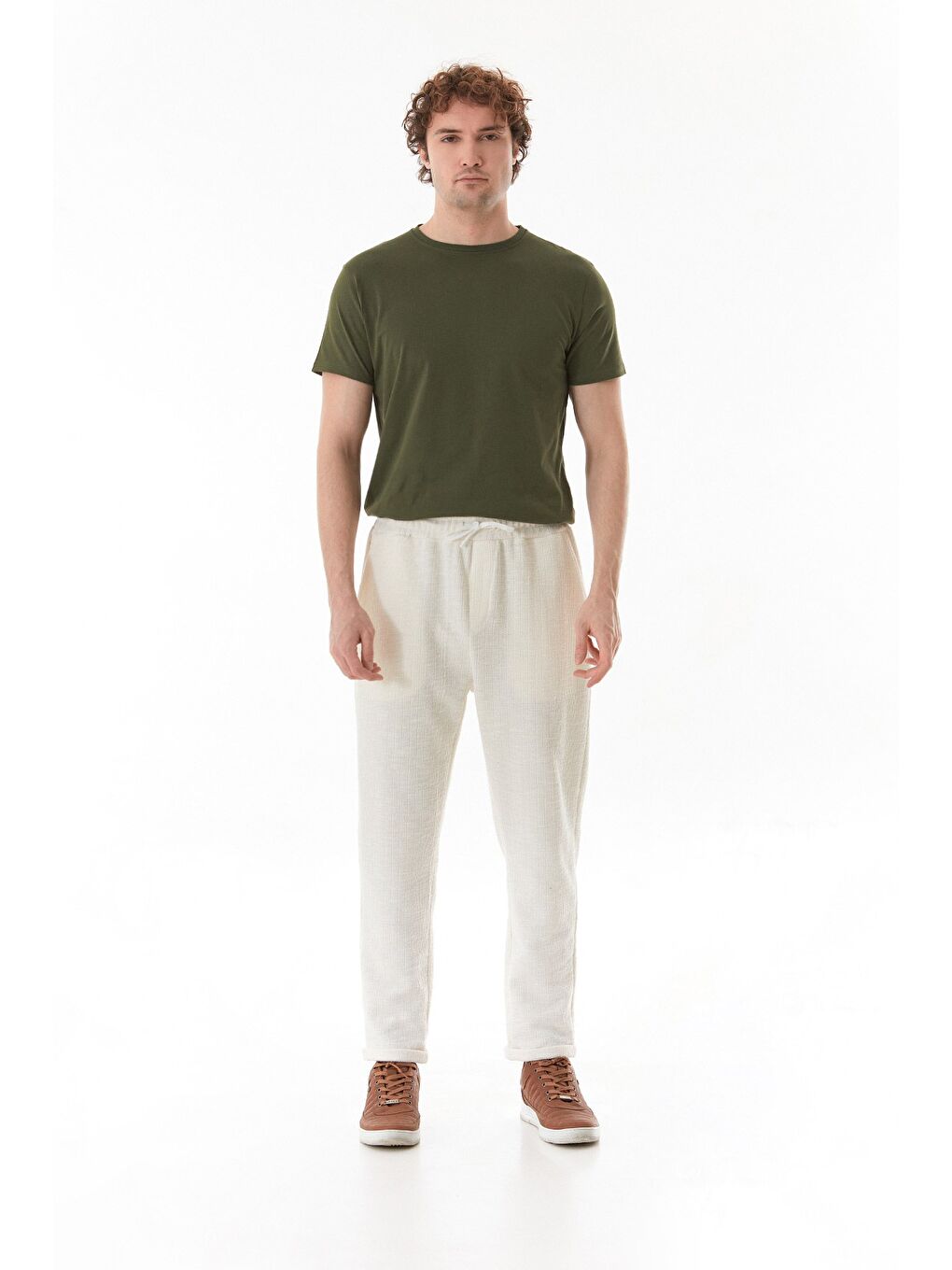 Ekru Fitilli Beli Bağlamalı Duble Paça Jogger Pantolon