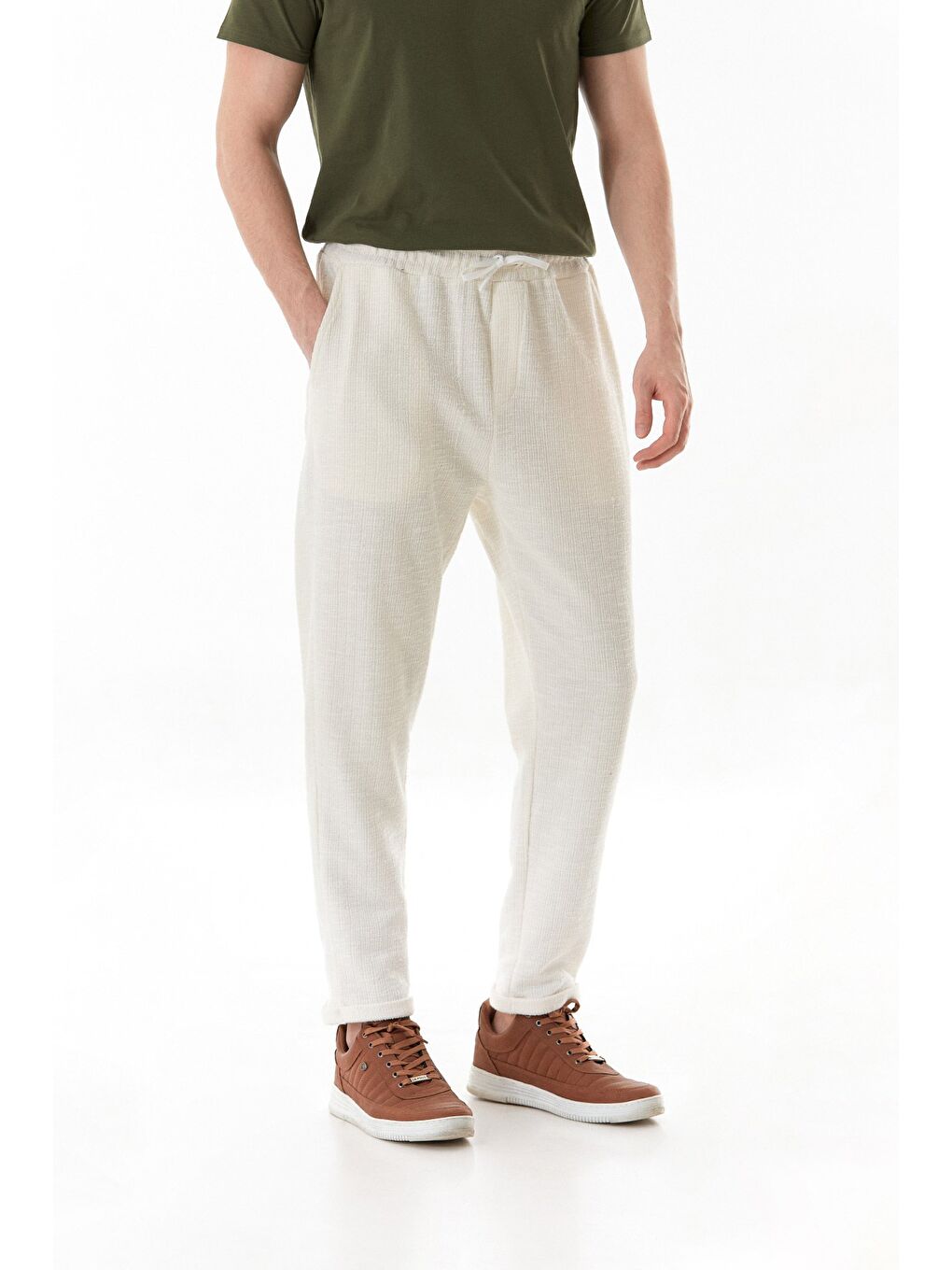 Ekru Fitilli Beli Bağlamalı Duble Paça Jogger Pantolon-1
