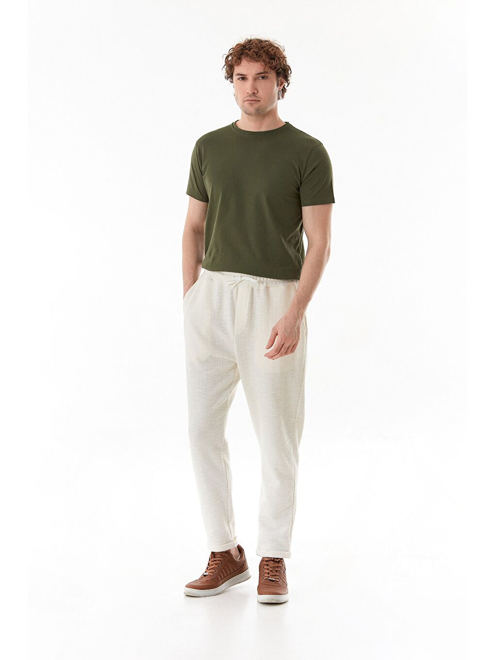 Ekru Fitilli Beli Bağlamalı Duble Paça Jogger Pantolon-2