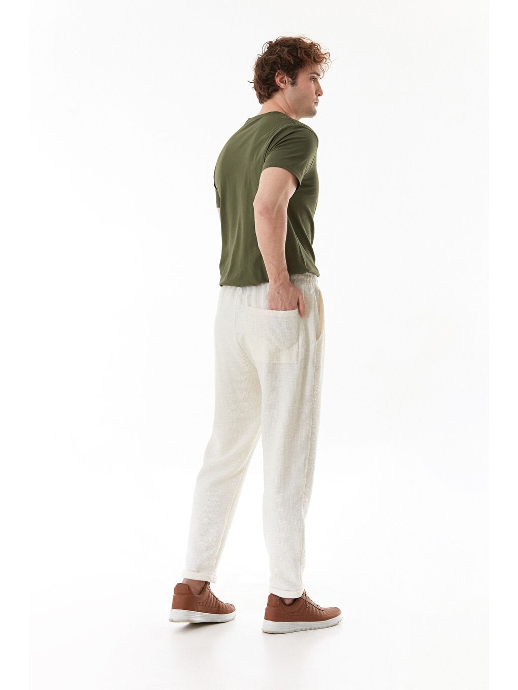 Ekru Fitilli Beli Bağlamalı Duble Paça Jogger Pantolon-3