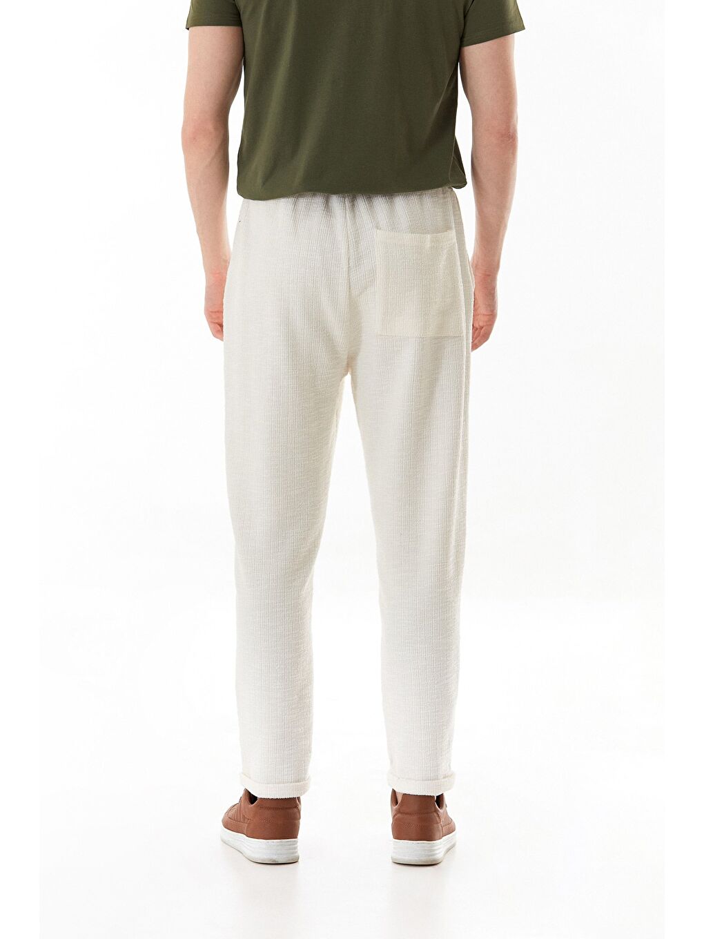 Ekru Fitilli Beli Bağlamalı Duble Paça Jogger Pantolon-4