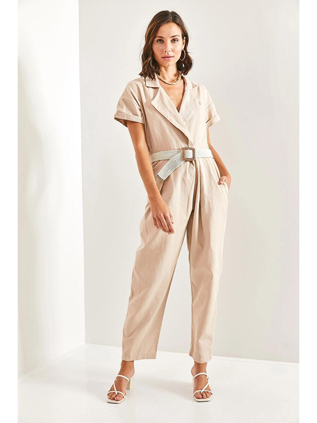 Bej Kadın Kemerli İnce Gabardin Tulum 20162-1