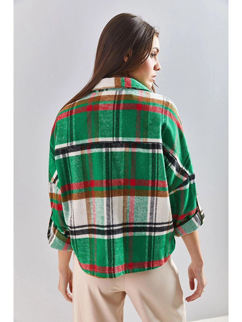 Yeşil Kadın Kol Katlamalı Desenli Oduncu Gömlek-2