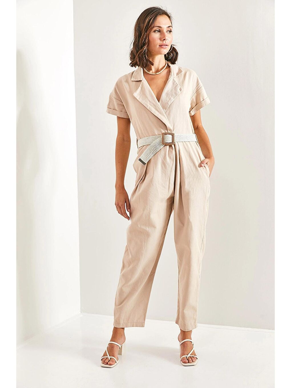 Bej Kadın Kemerli İnce Gabardin Tulum 20162-2