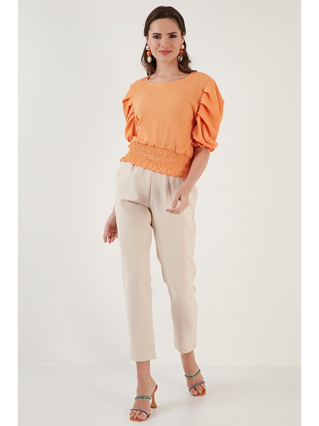 Turuncu Gipeli Bisiklet Yaka Balon Kollu Krinkıl Esnek Bluz 5865018-1