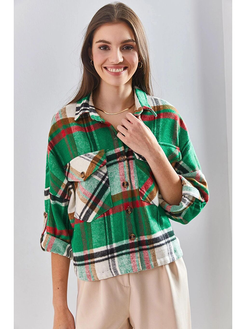 Yeşil Kadın Kol Katlamalı Desenli Oduncu Gömlek-3