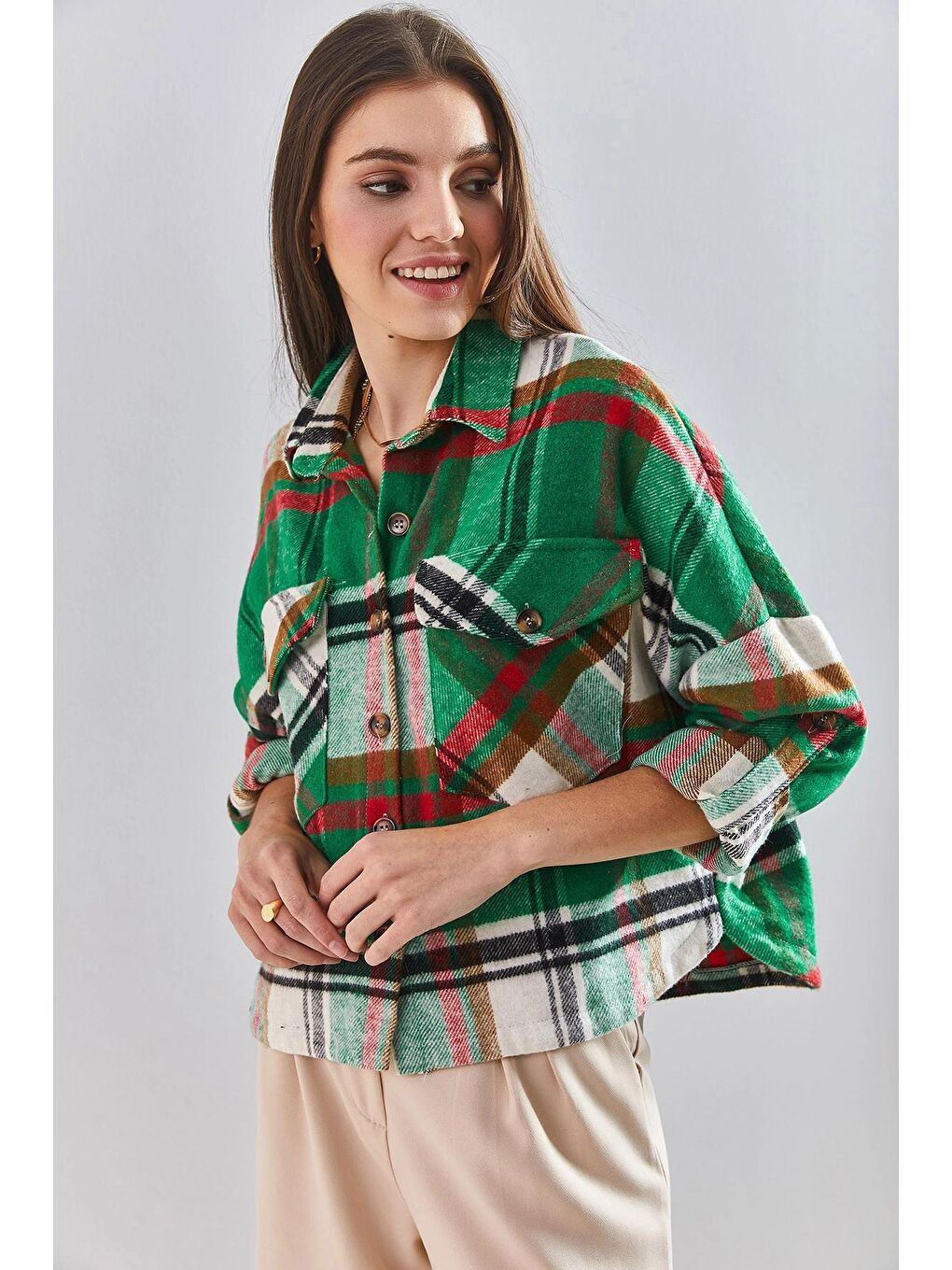 Yeşil Kadın Kol Katlamalı Desenli Oduncu Gömlek-4