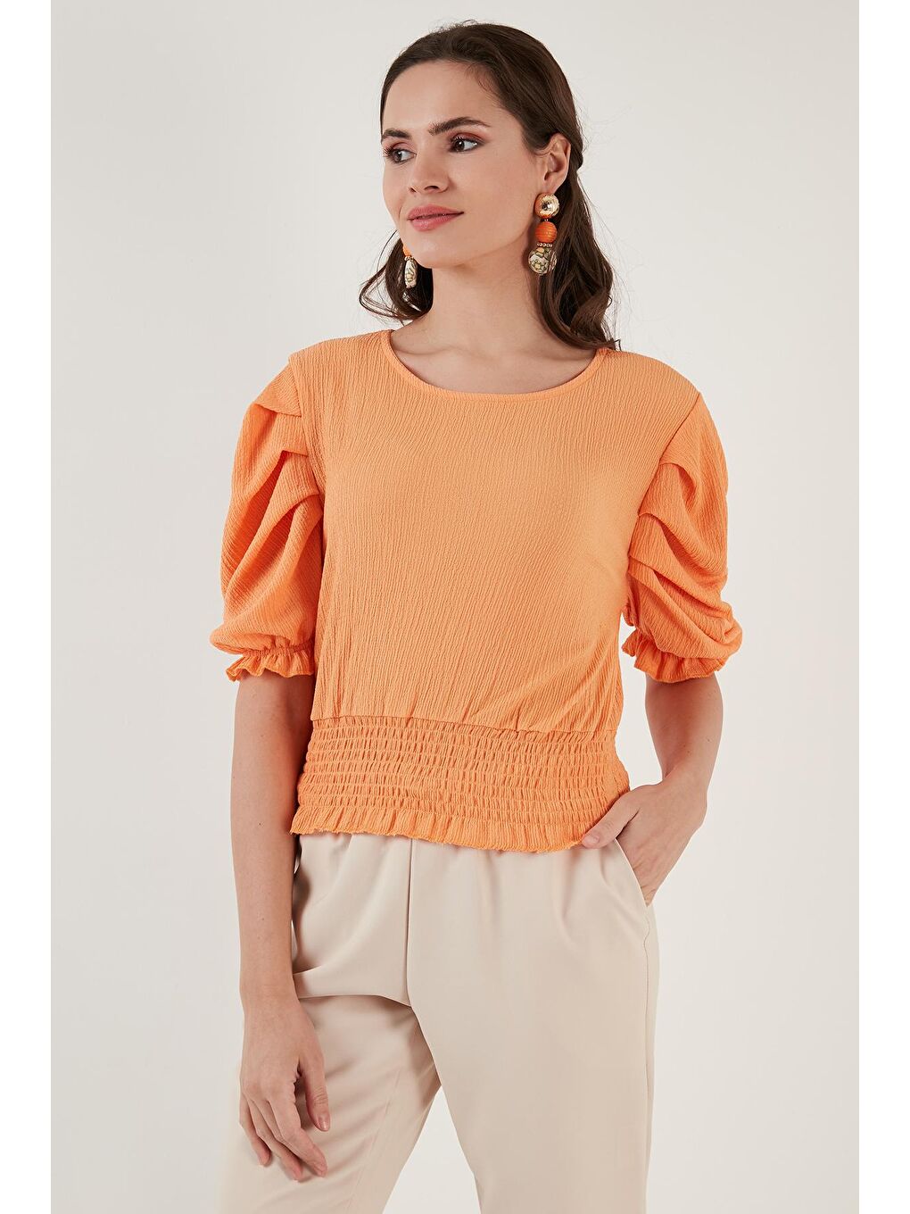 Turuncu Gipeli Bisiklet Yaka Balon Kollu Krinkıl Esnek Bluz 5865018-3
