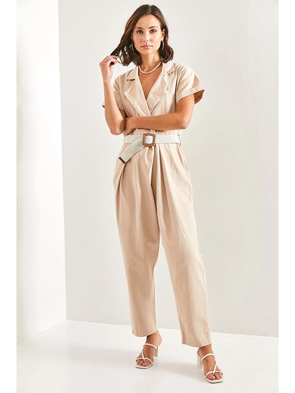 Bej Kadın Kemerli İnce Gabardin Tulum 20162-4