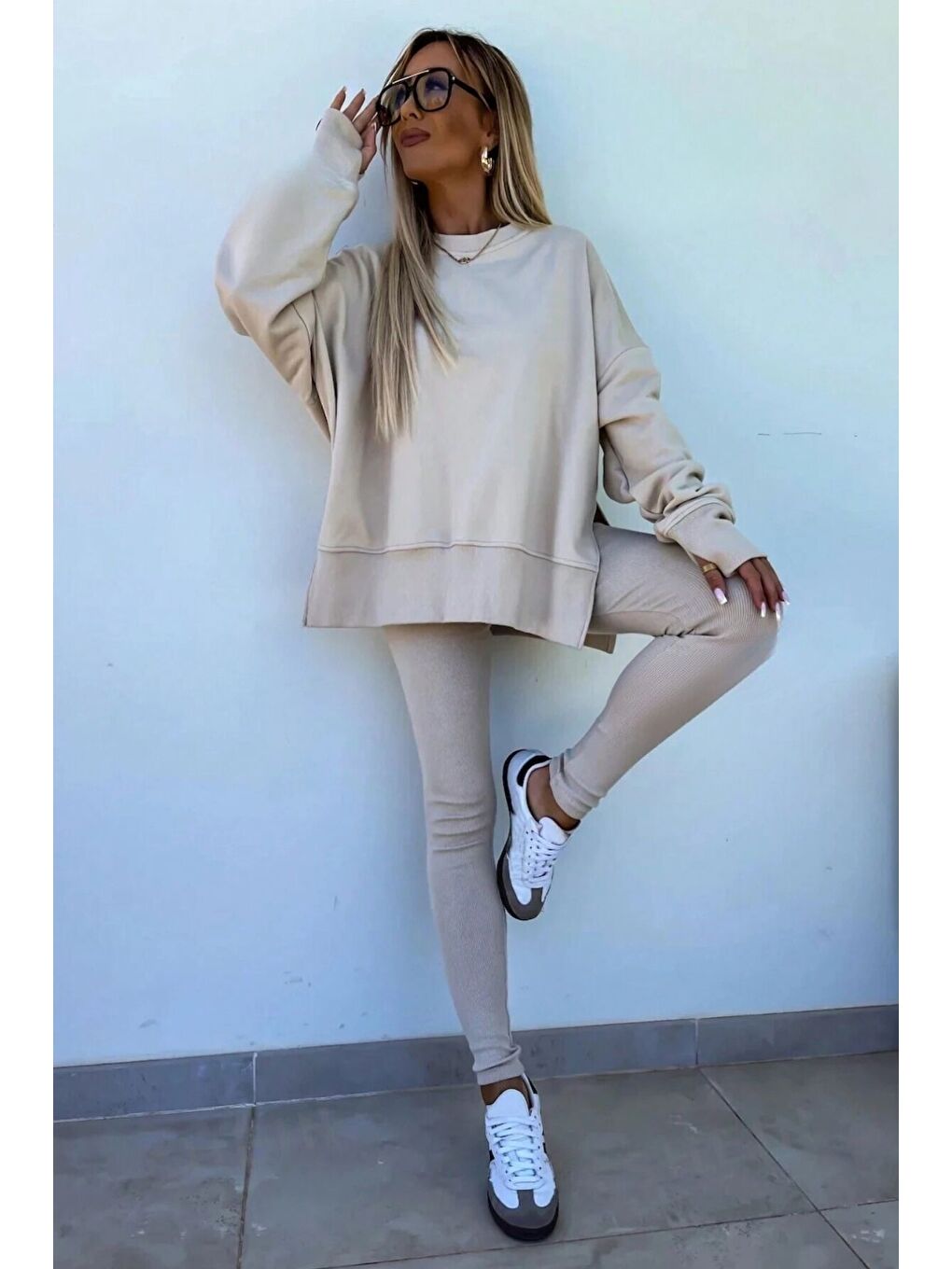 Bej Kadın Vizon Yırtmaç Detay Bisiklet Yaka Alt Üst Taytlı Eşofman Takım