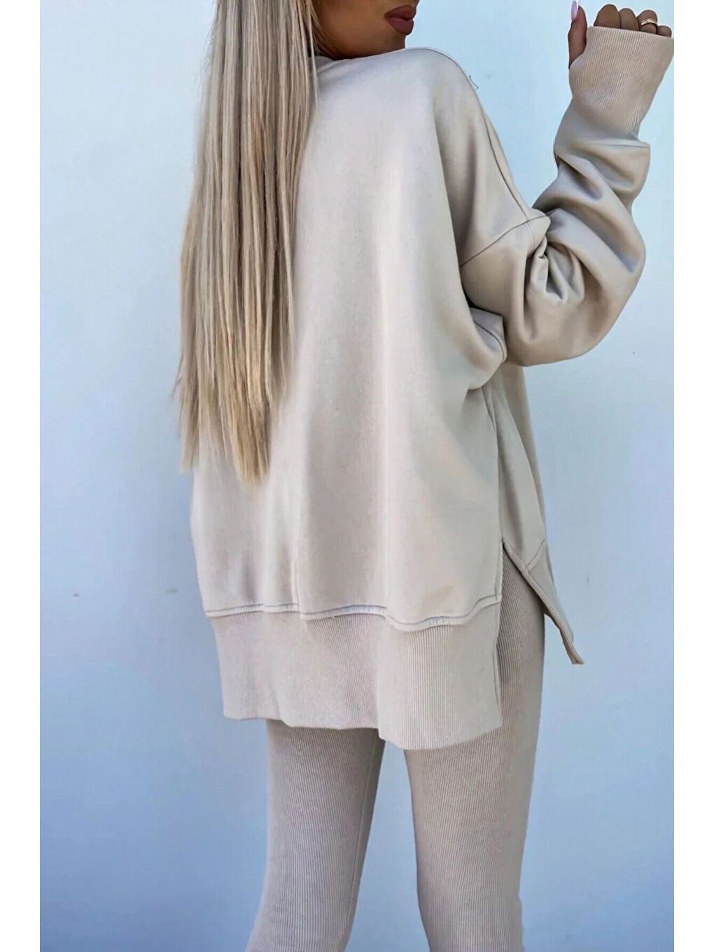 Bej Kadın Vizon Yırtmaç Detay Bisiklet Yaka Alt Üst Taytlı Eşofman Takım-1