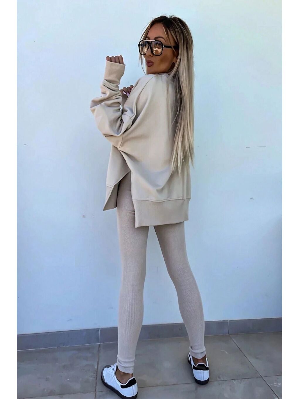 Bej Kadın Vizon Yırtmaç Detay Bisiklet Yaka Alt Üst Taytlı Eşofman Takım-2