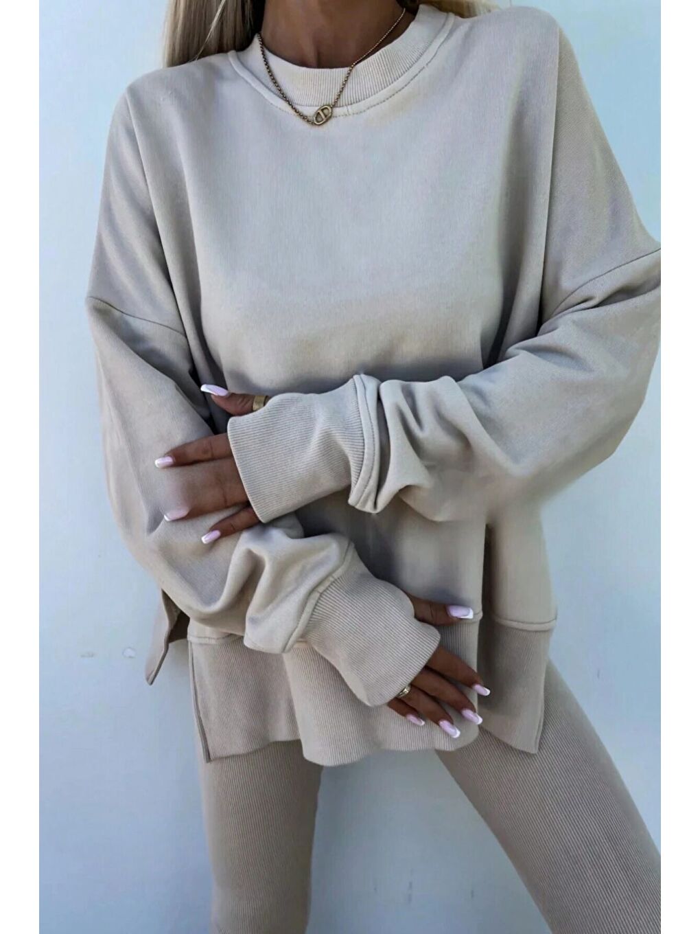 Bej Kadın Vizon Yırtmaç Detay Bisiklet Yaka Alt Üst Taytlı Eşofman Takım-3