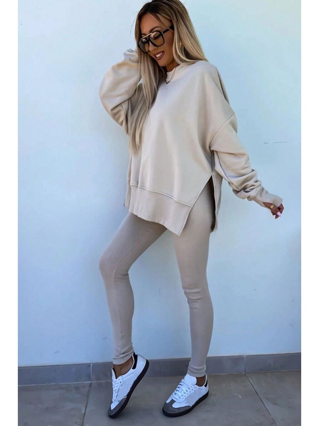 Bej Kadın Vizon Yırtmaç Detay Bisiklet Yaka Alt Üst Taytlı Eşofman Takım-4