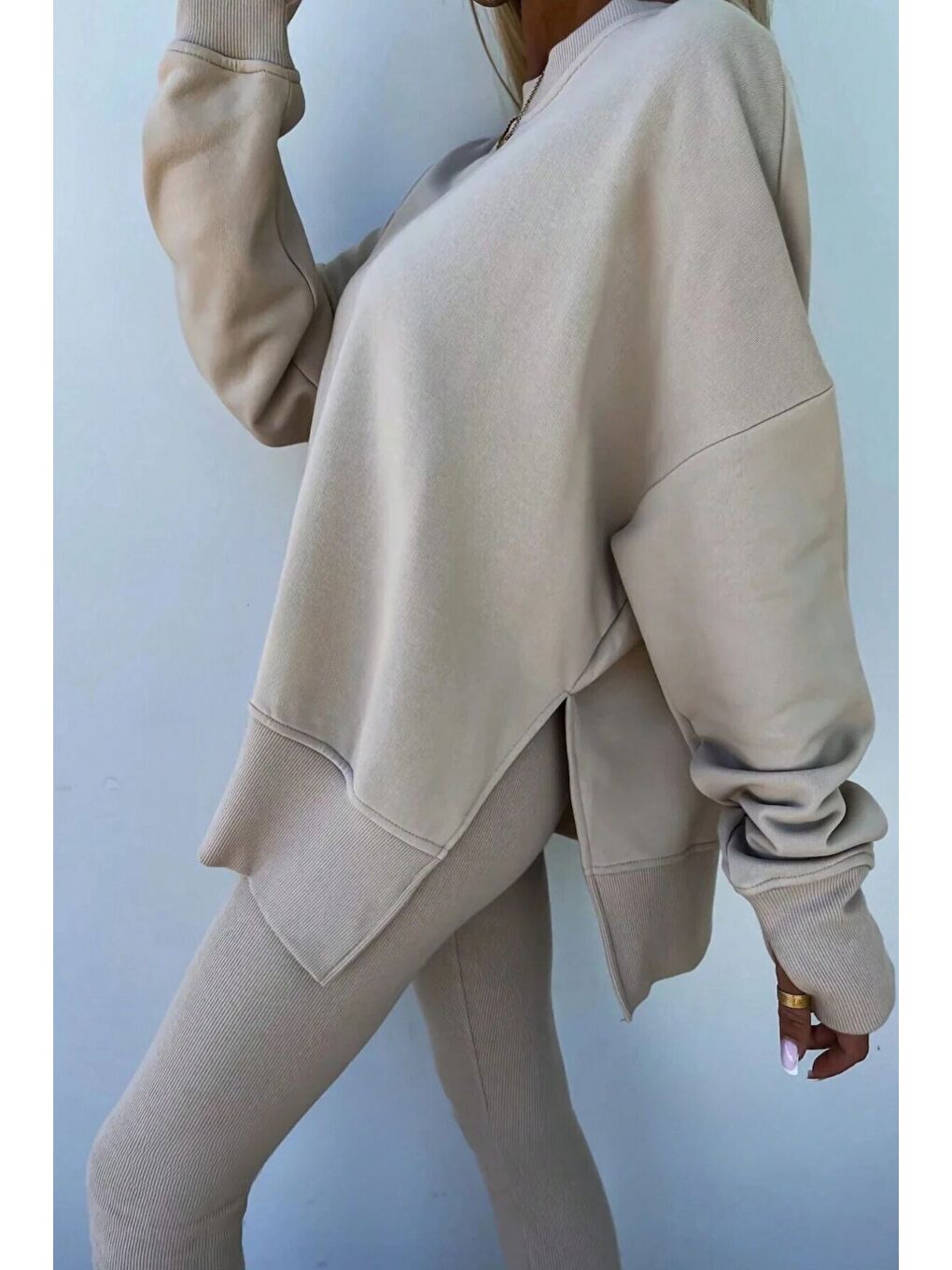 Bej Kadın Vizon Yırtmaç Detay Bisiklet Yaka Alt Üst Taytlı Eşofman Takım-5