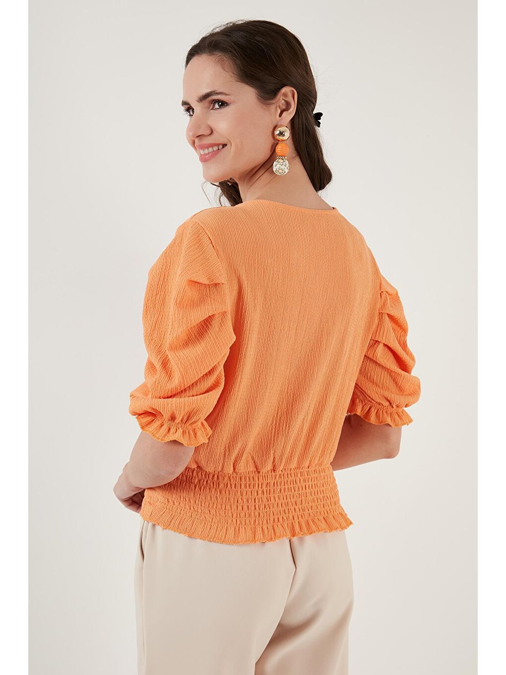 Turuncu Gipeli Bisiklet Yaka Balon Kollu Krinkıl Esnek Bluz 5865018-4