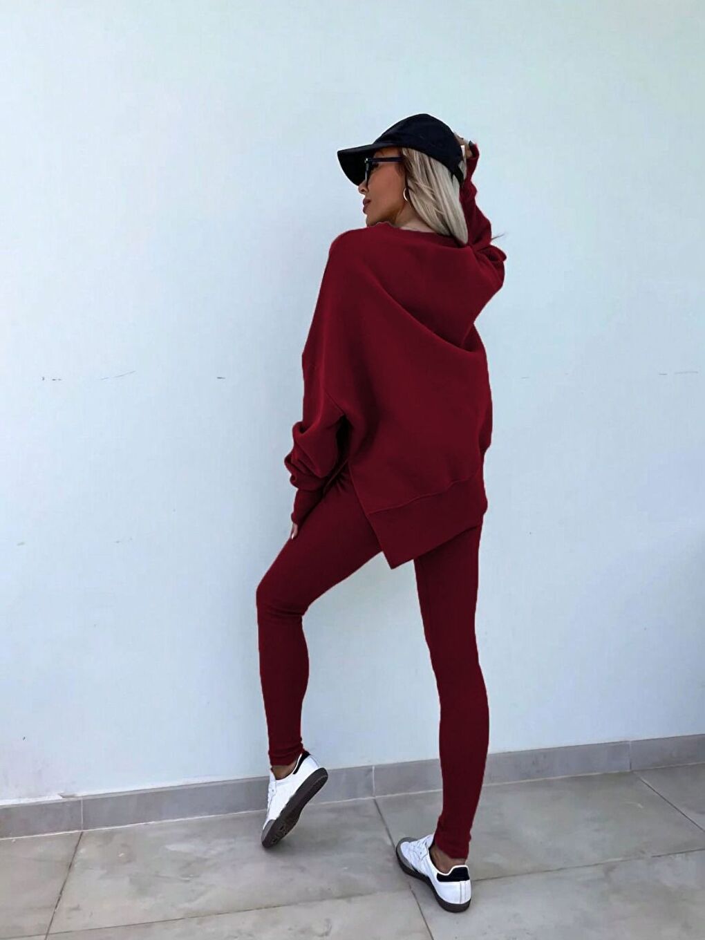 Kadın Bordo Yırtmaç Detay Bisiklet Yaka Alt Üst Taytlı Eşofman Takım-1