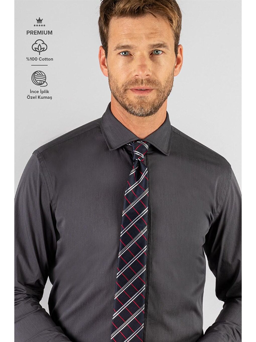 Gri Slim Fit Premium Seri %100 Cotton Erkek Füme Gömlek-1