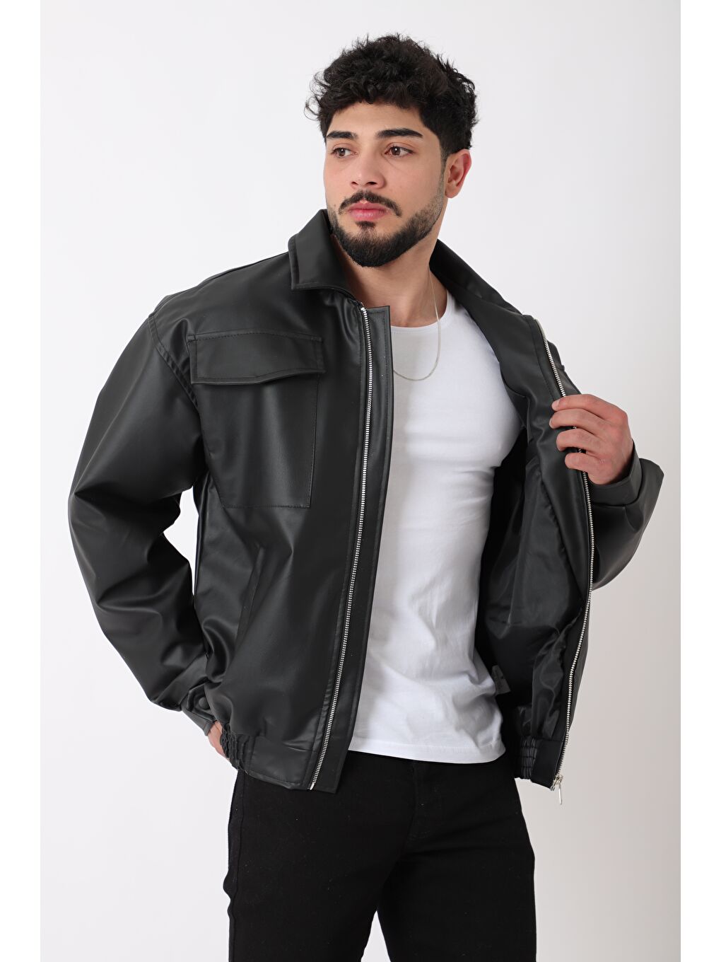 Siyah Büyük Cep Kapaklı Erkek Suni Deri Mont_50391