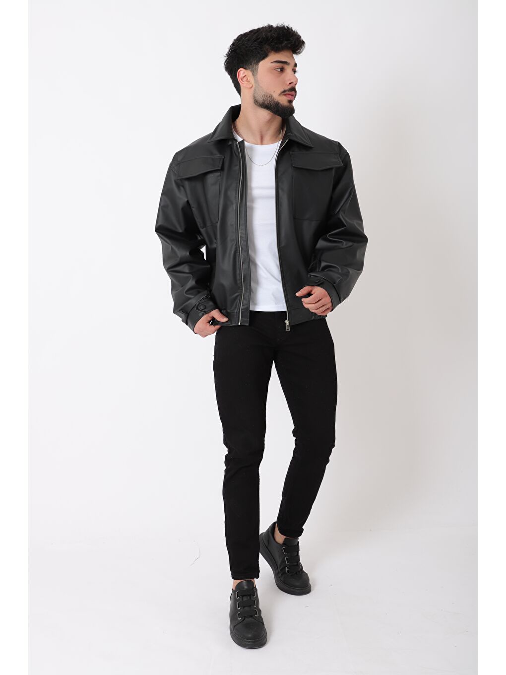 Siyah Büyük Cep Kapaklı Erkek Suni Deri Mont_50391-4