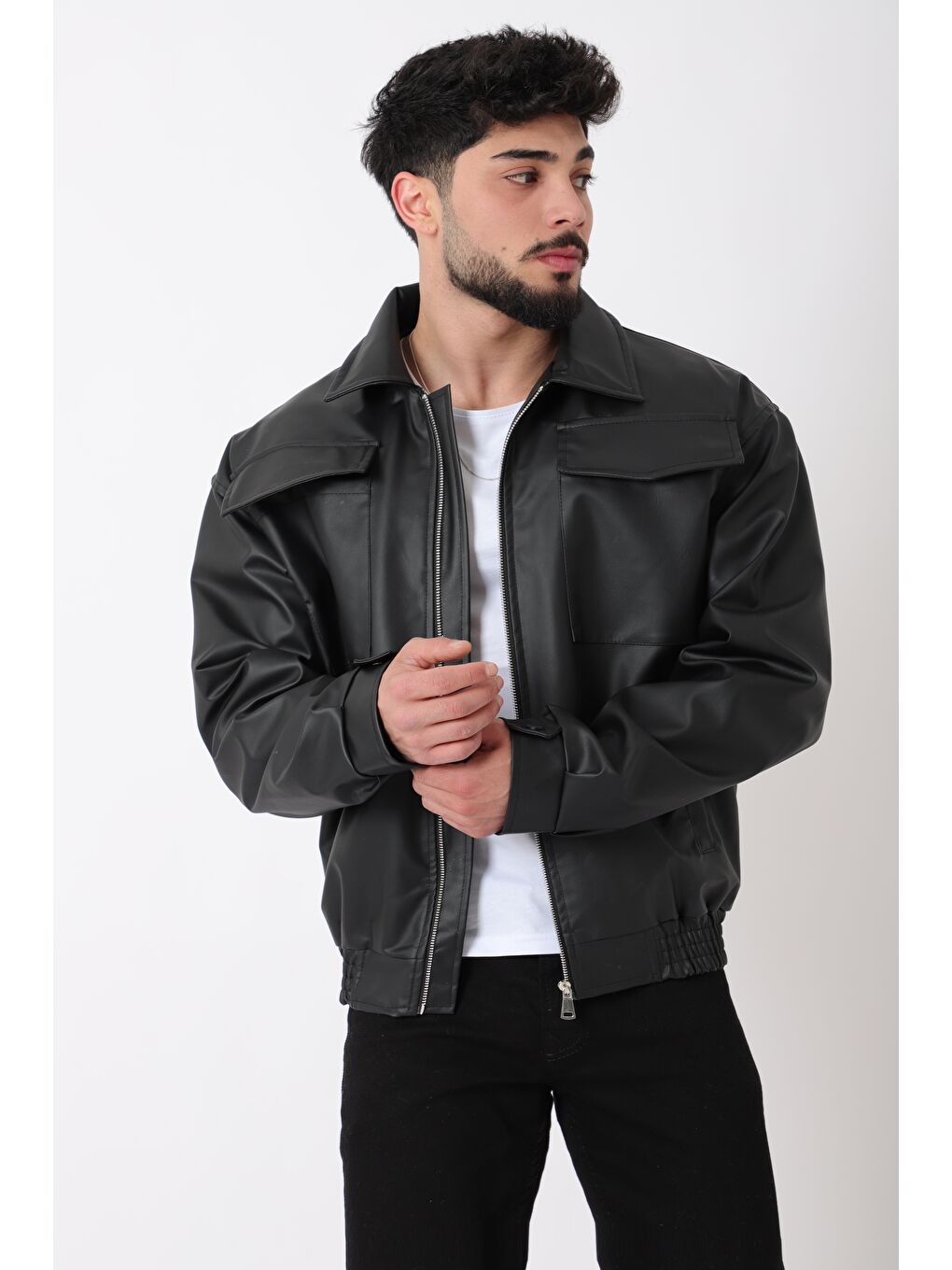 Siyah Büyük Cep Kapaklı Erkek Suni Deri Mont_50391-6