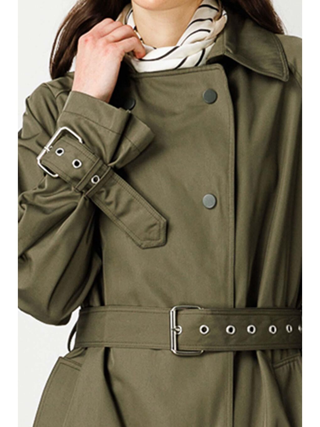 Metalik Aksesuarlı Oversize Trençkot - Haki-4