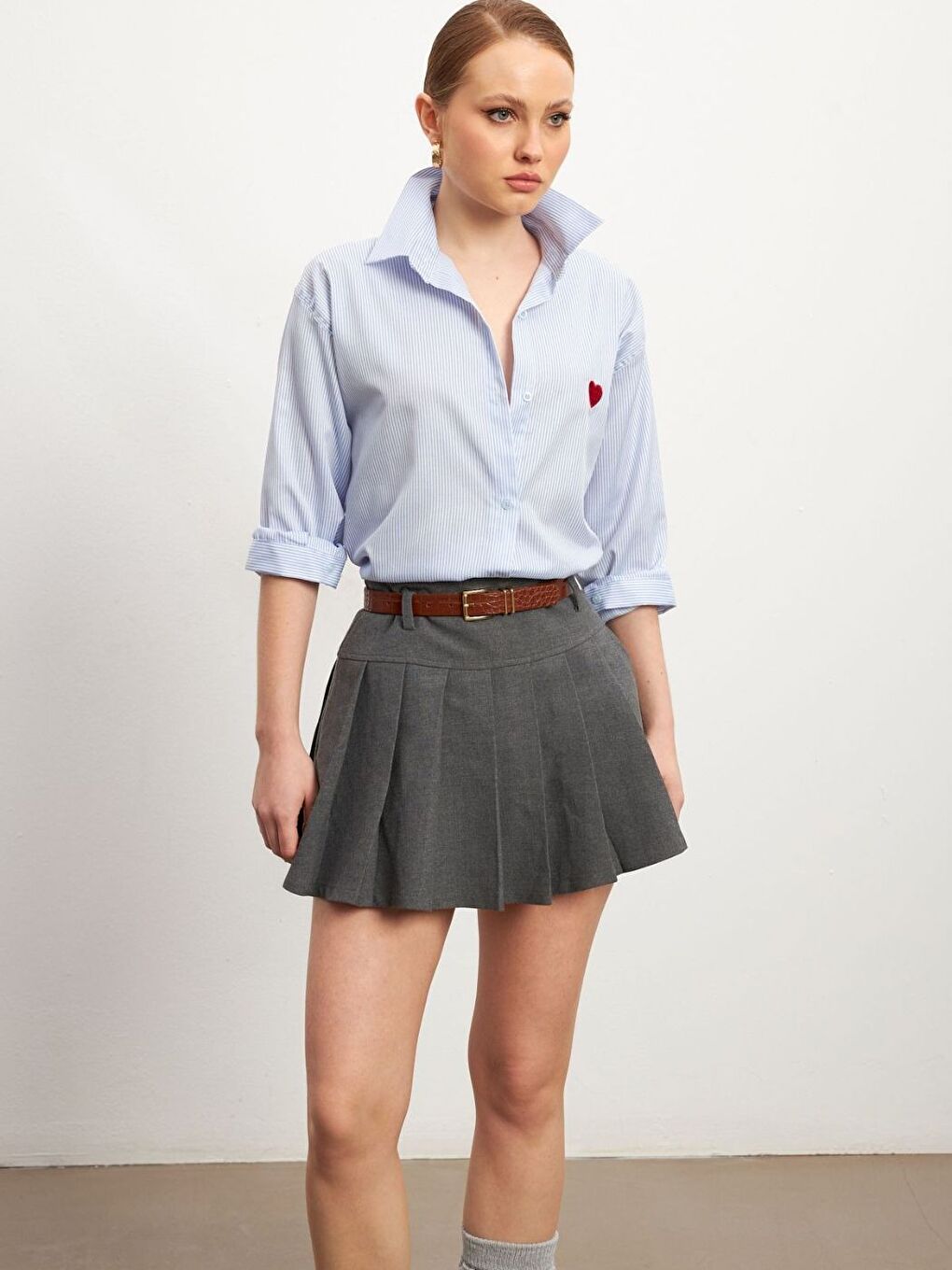 Kadın Bebe Mavisi Kalp Baskılı Çizgili Gömlek