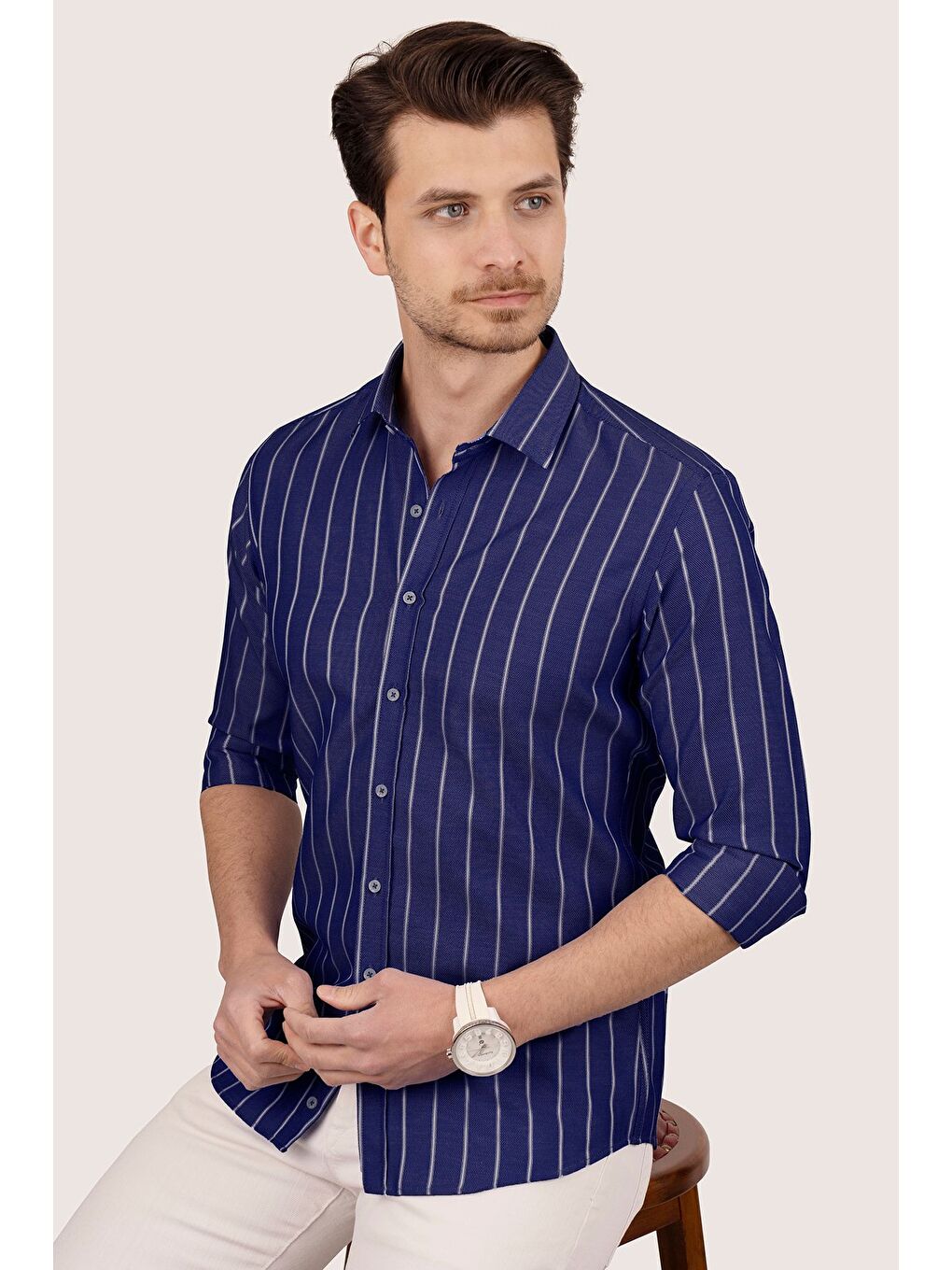 Lacivert Beyaz Çizgili Slimfit Erkek Gömlek-2