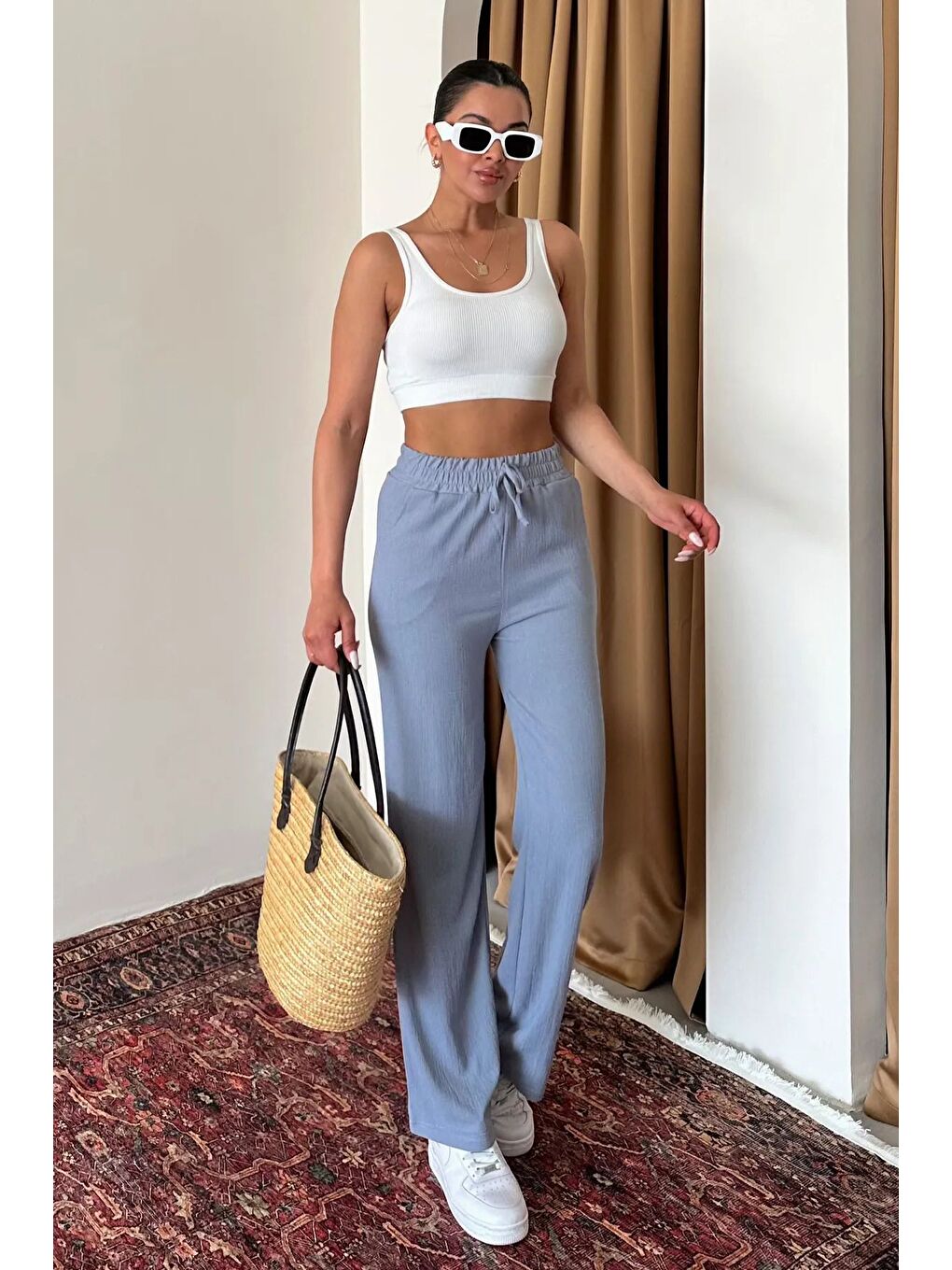 Kadın Gri İspanyol Paça Rahat Kalıp Pantolon-1