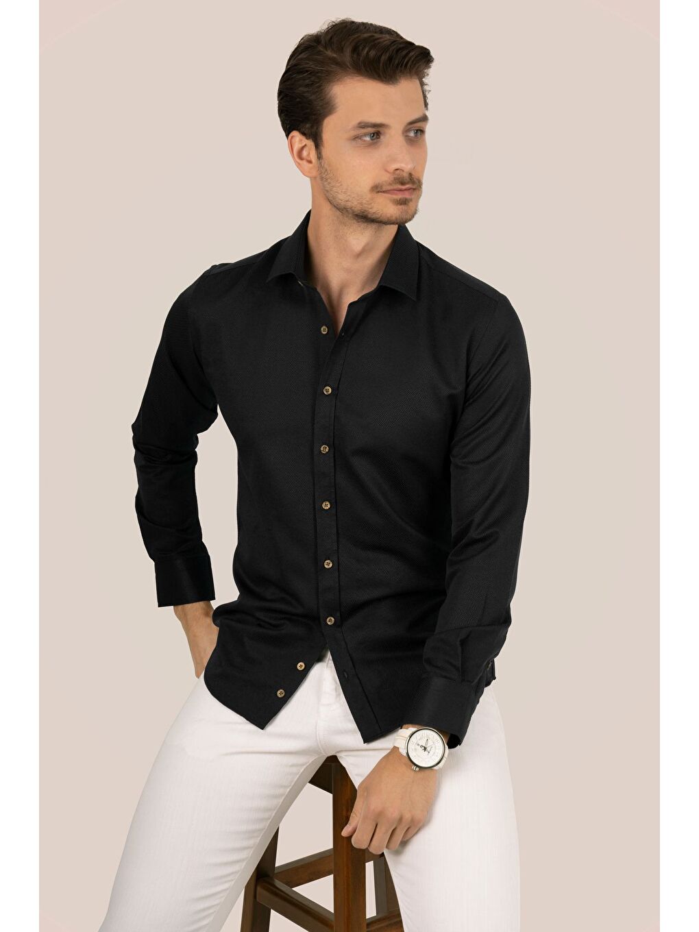 Siyah Kahve Düğmeli Slimfit Erkek Gömlek