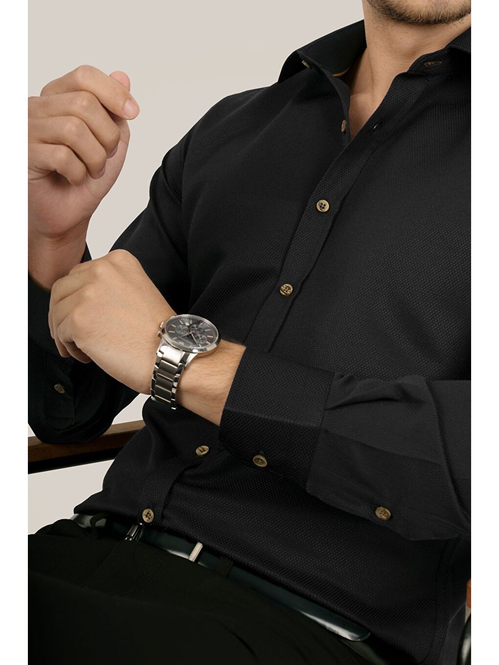 Siyah Kahve Düğmeli Slimfit Erkek Gömlek-1