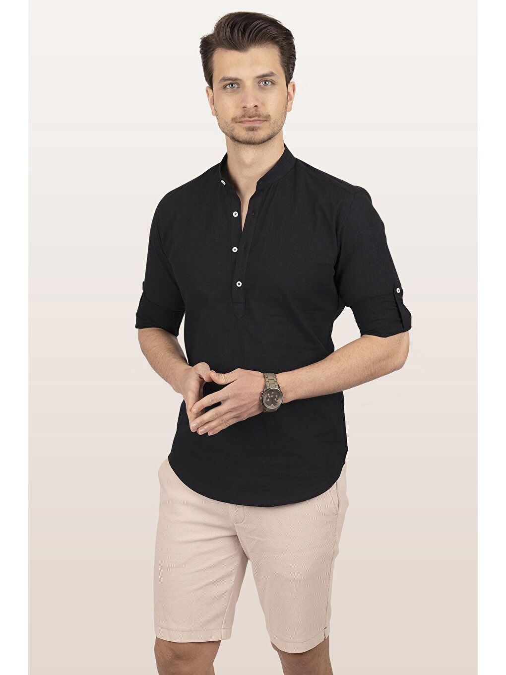 Siyah Hakim Yaka Keten Üç Düğmeli Slimfit Erkek %100 Pamuk Gömlek-1