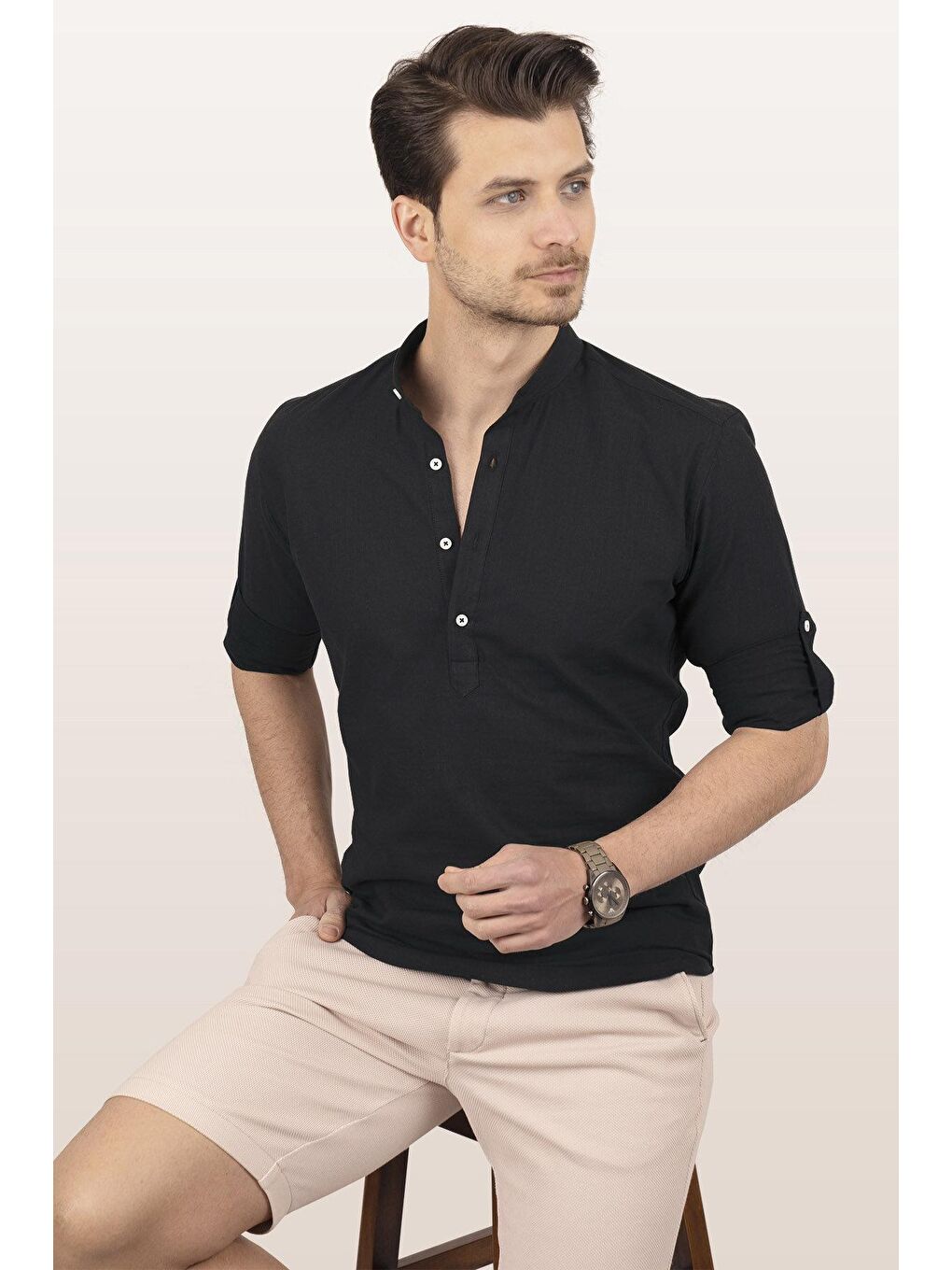 Siyah Hakim Yaka Keten Üç Düğmeli Slimfit Erkek %100 Pamuk Gömlek-4