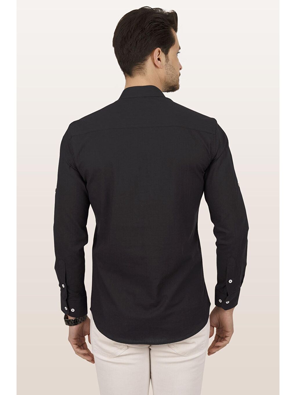 Siyah Hakim Yaka Keten Üç Düğmeli Slimfit Erkek %100 Pamuk Gömlek-5