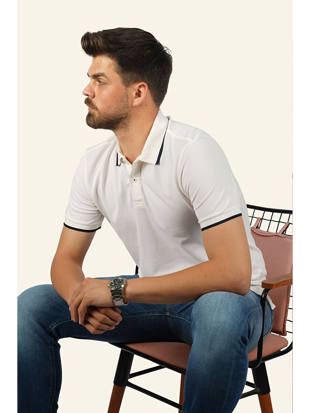 Beyaz Lacivert Yaka Çizgili Erkek Polo Yaka Tişört-4