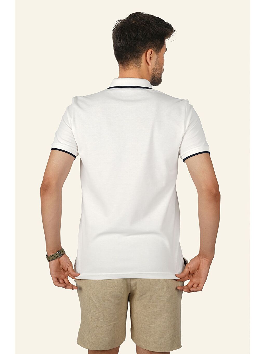 Beyaz Lacivert Yaka Çizgili Erkek Polo Yaka Tişört-5