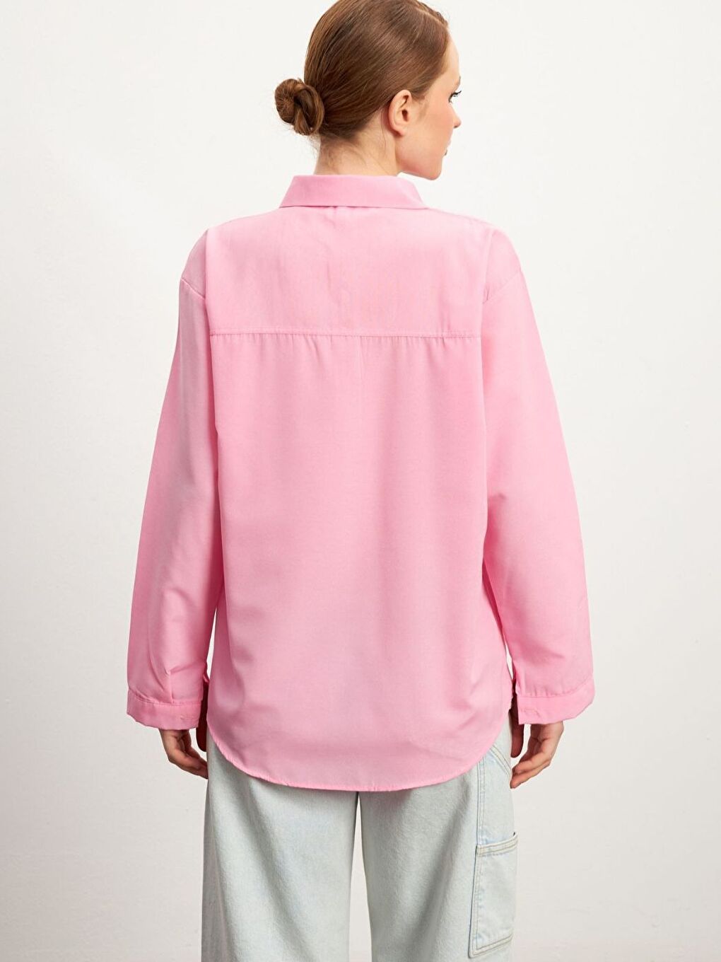 Kadın Pembe Kalp Baskılı Düz Gömlek-1