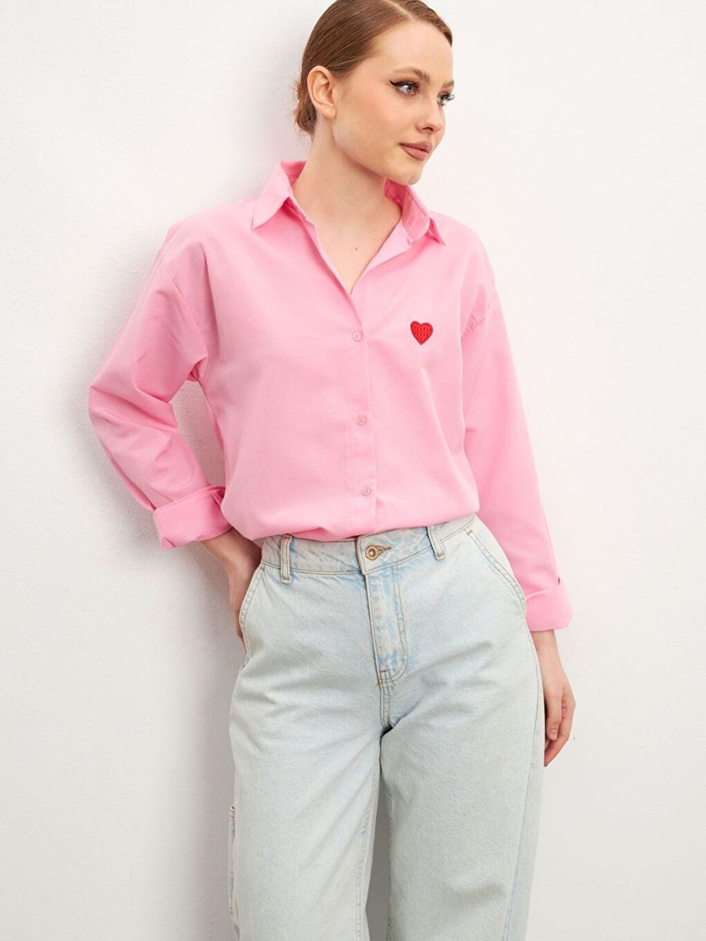 Kadın Pembe Kalp Baskılı Düz Gömlek-2