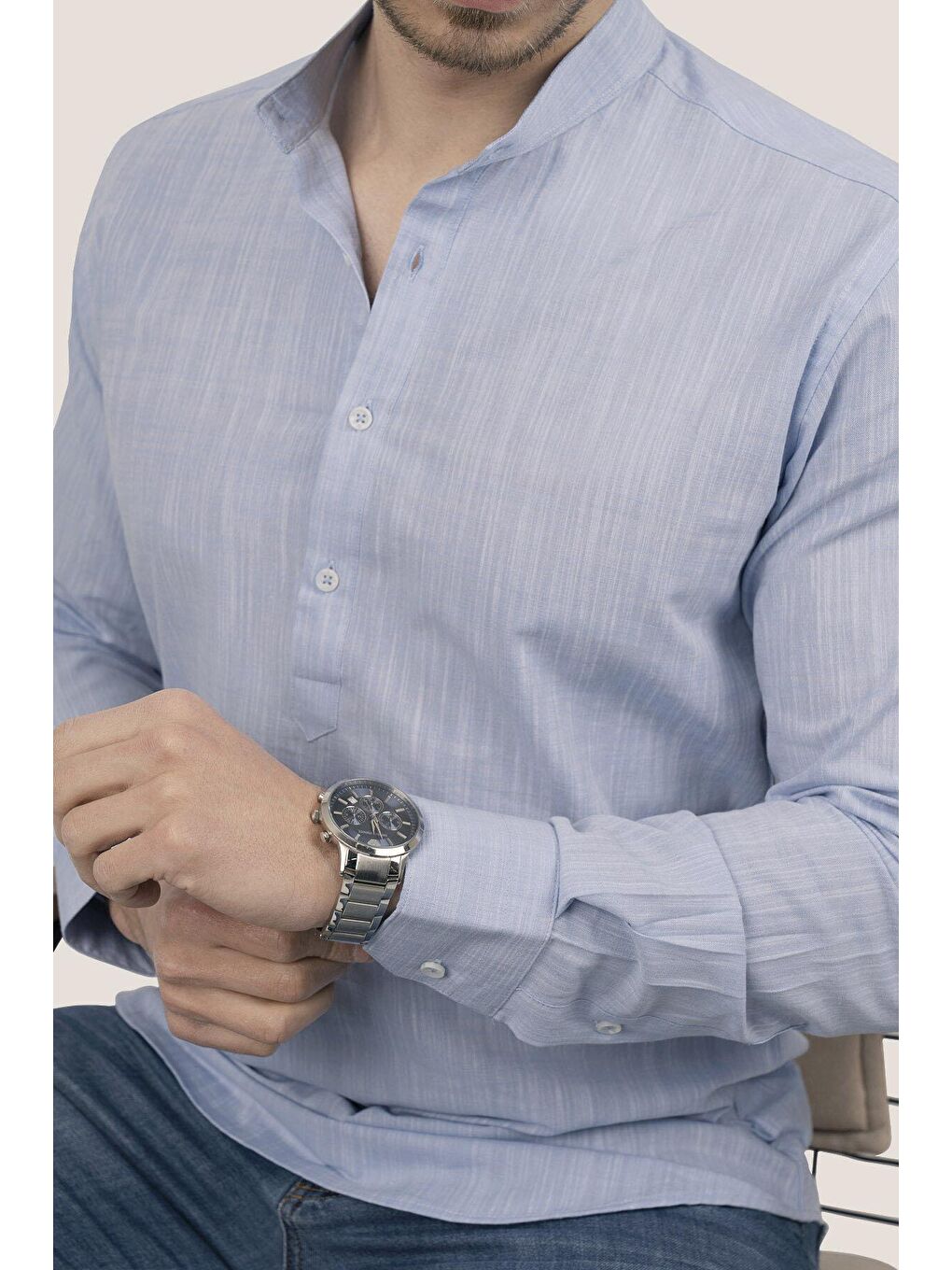 Mavi Hakim Yaka Keten Üç Düğmeli Slimfit Erkek %100 Pamuk Gömlek