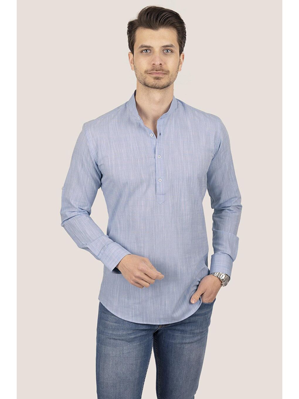 Mavi Hakim Yaka Keten Üç Düğmeli Slimfit Erkek %100 Pamuk Gömlek-1
