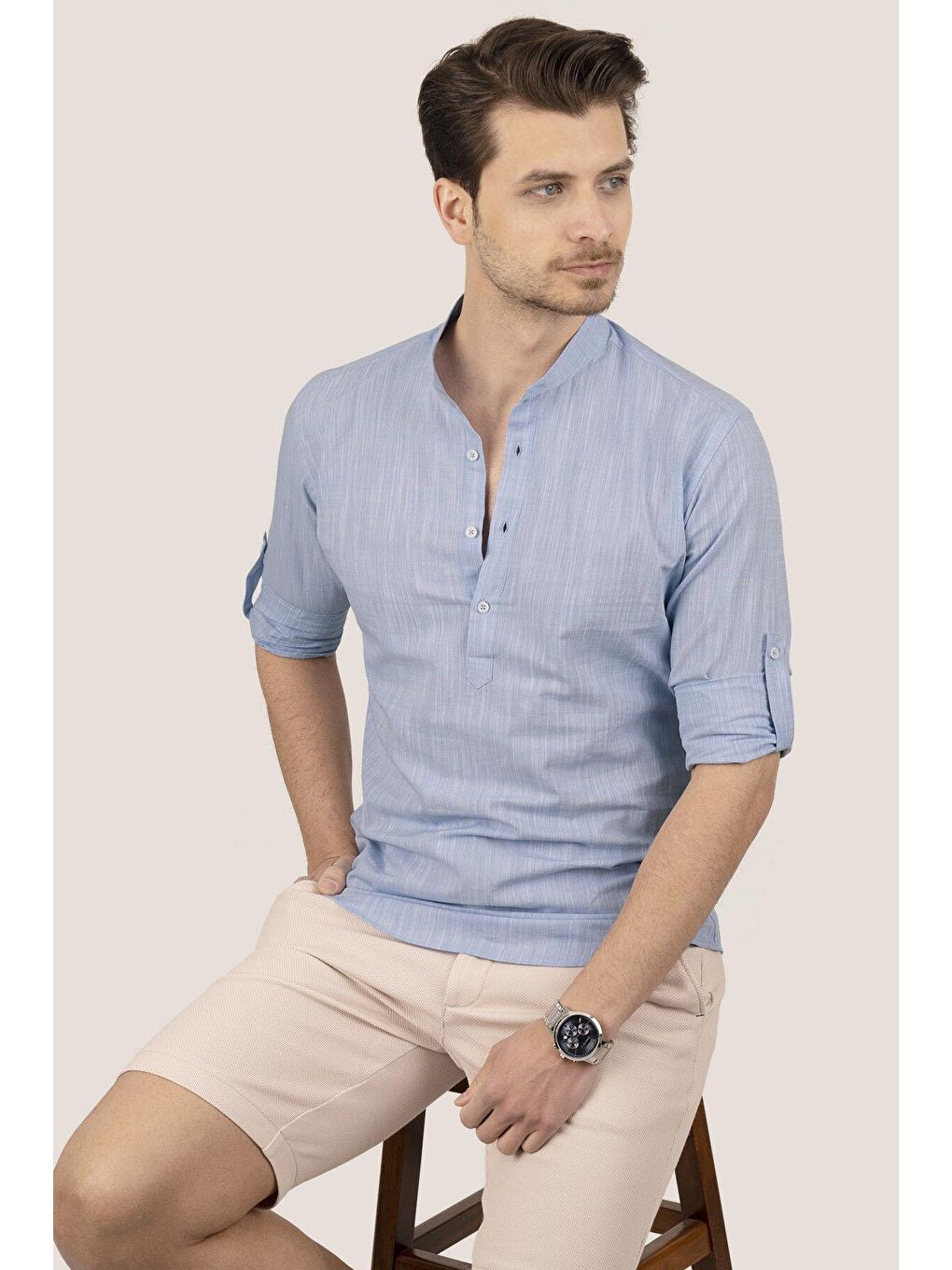 Mavi Hakim Yaka Keten Üç Düğmeli Slimfit Erkek %100 Pamuk Gömlek-2