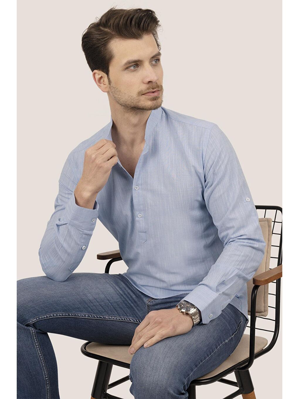 Mavi Hakim Yaka Keten Üç Düğmeli Slimfit Erkek %100 Pamuk Gömlek-4