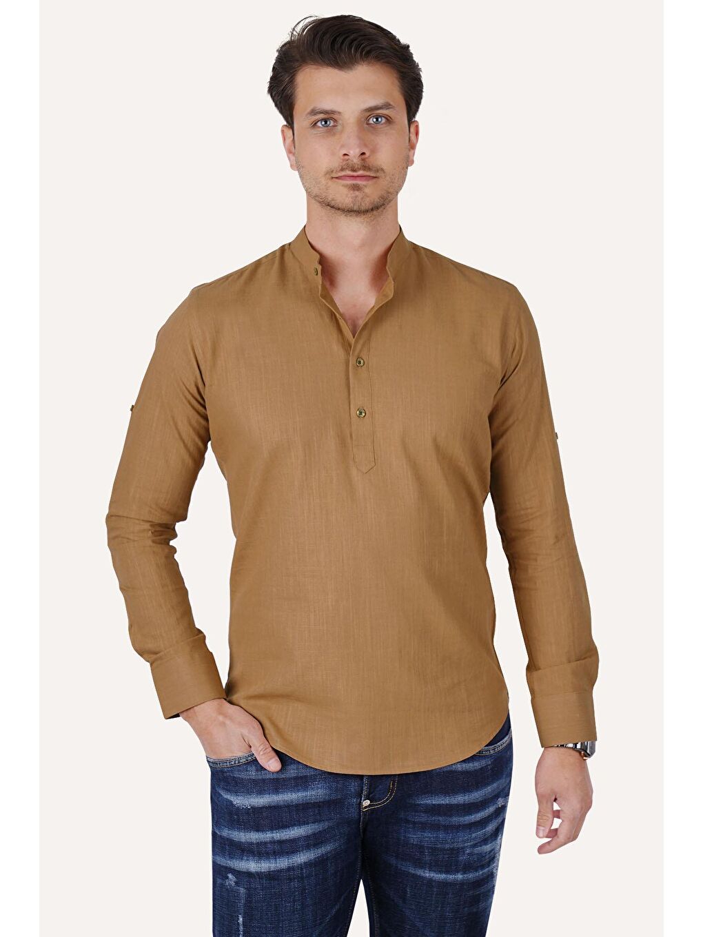 Kahverengi Taba Hakim Yaka Keten Üç Düğmeli Slimfit Erkek Gömlek-1
