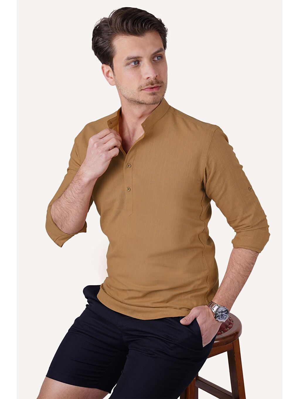 Kahverengi Taba Hakim Yaka Keten Üç Düğmeli Slimfit Erkek Gömlek-2
