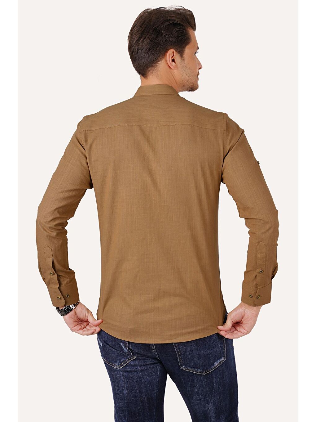 Kahverengi Taba Hakim Yaka Keten Üç Düğmeli Slimfit Erkek Gömlek-5