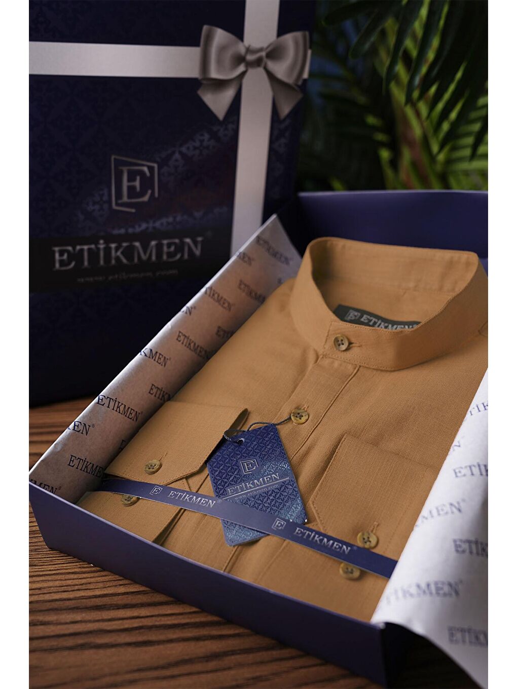 Kahverengi Taba Hakim Yaka Keten Üç Düğmeli Slimfit Erkek Gömlek-6