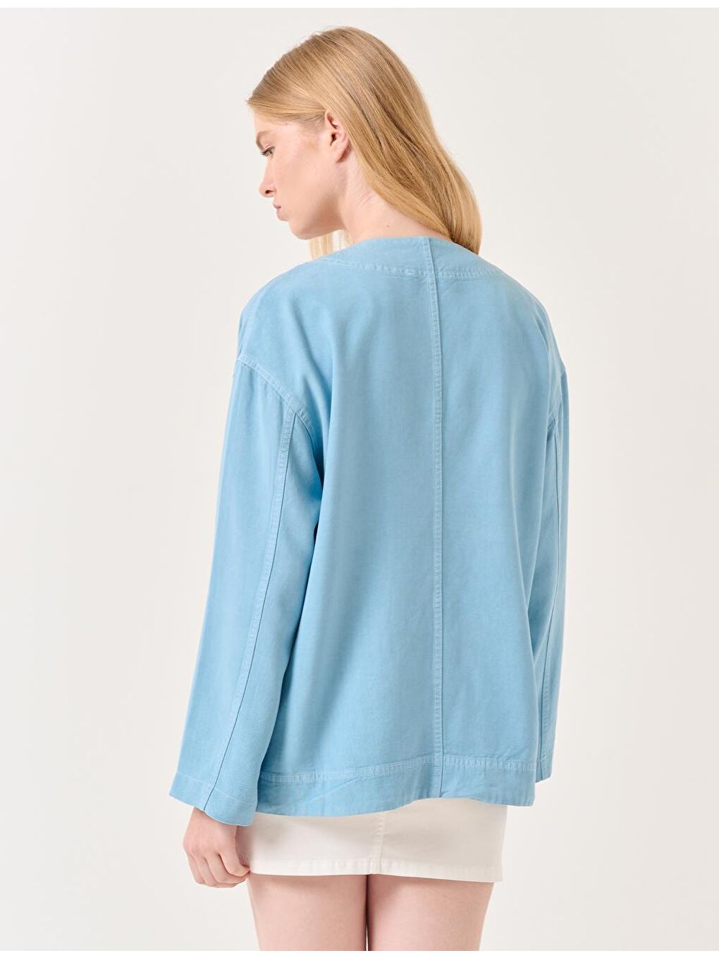 Açık Tozlu Mavi Açık Yaka Uzun Kollu Cepli Dokuma Ceket-4