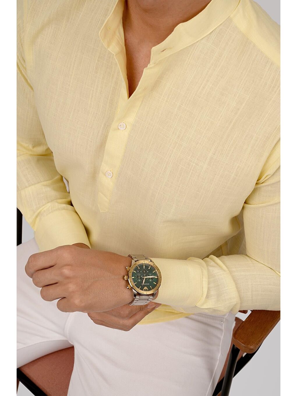 Sarı Hakim Yaka Keten Üç Düğmeli Slimfit Erkek %100 Pamuk Gömlek