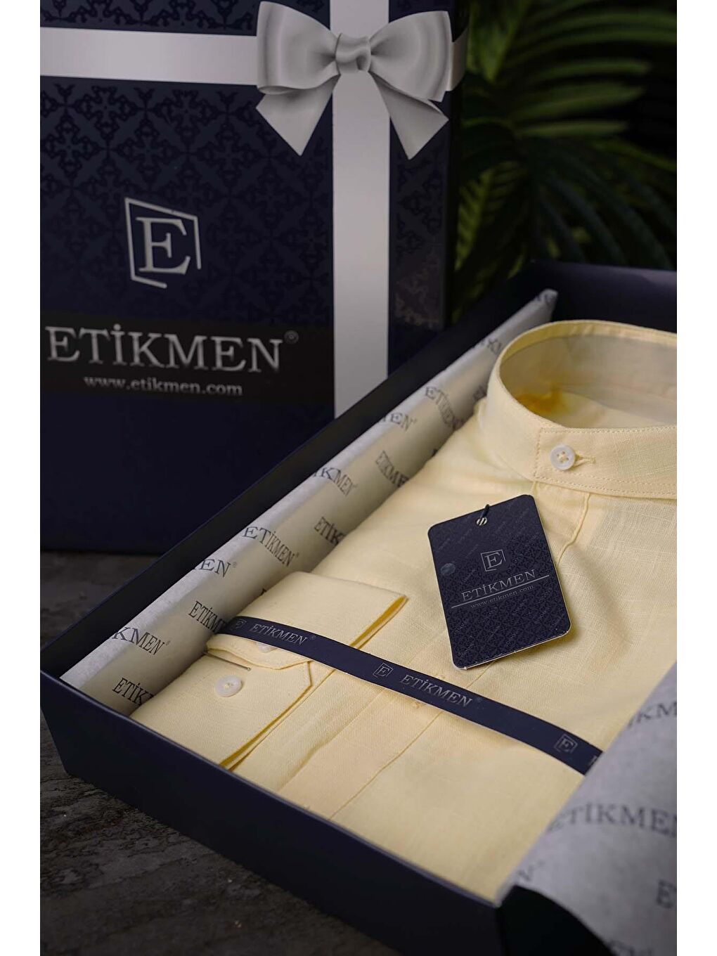 Sarı Hakim Yaka Keten Üç Düğmeli Slimfit Erkek %100 Pamuk Gömlek-6