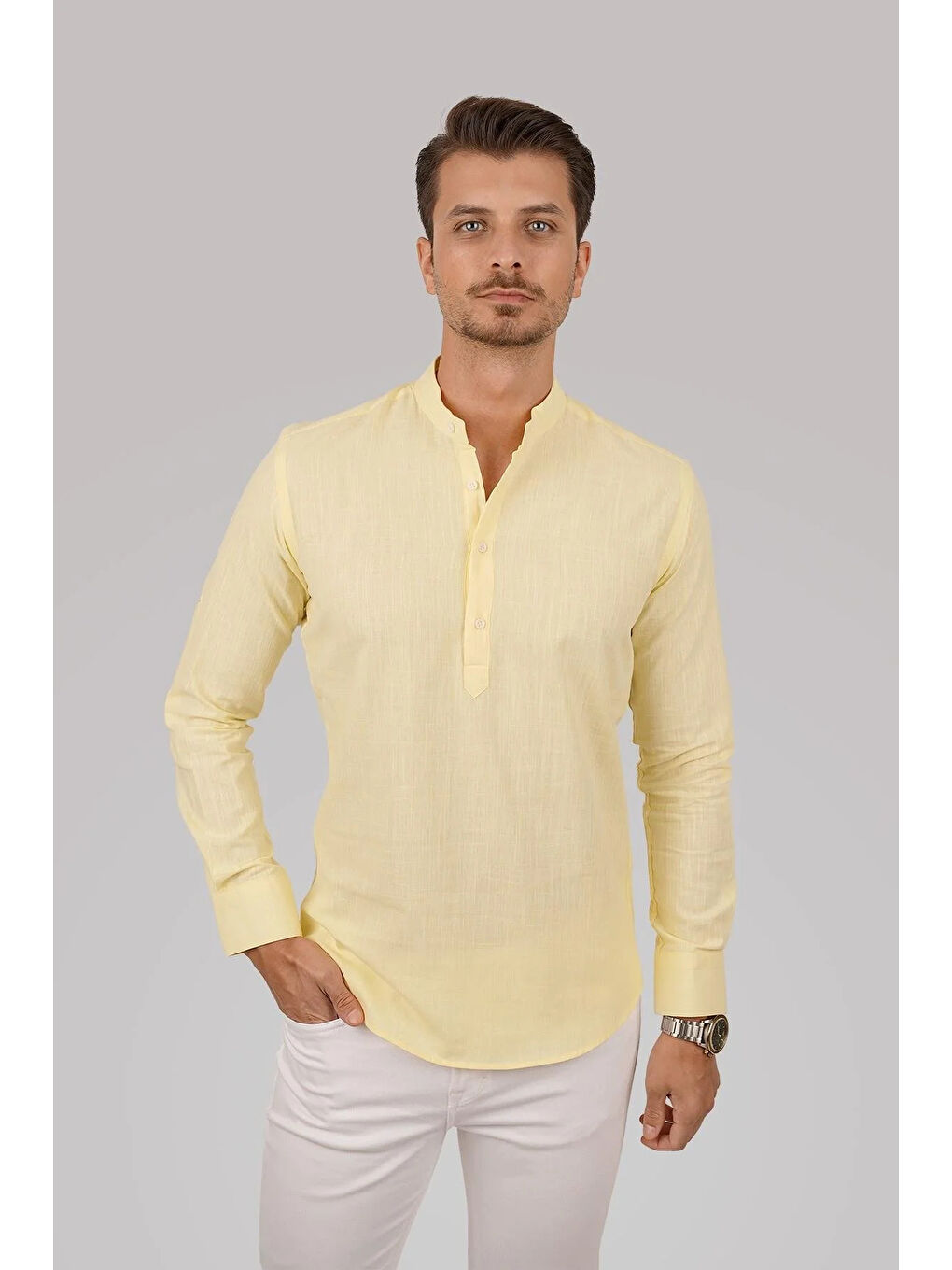 Sarı Hakim Yaka Keten Üç Düğmeli Slimfit Erkek %100 Pamuk Gömlek-4
